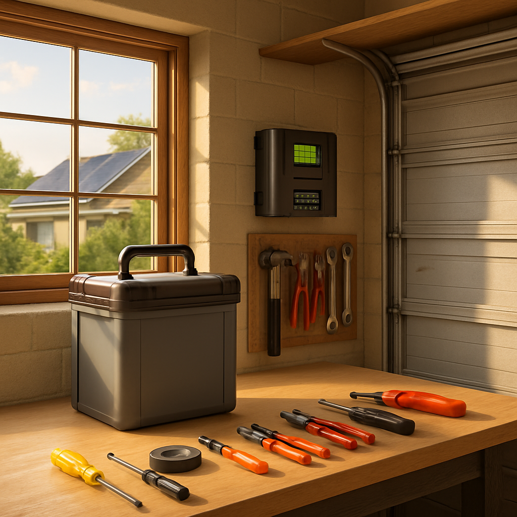 Clean garage workbench with tools and compact backup power equipment